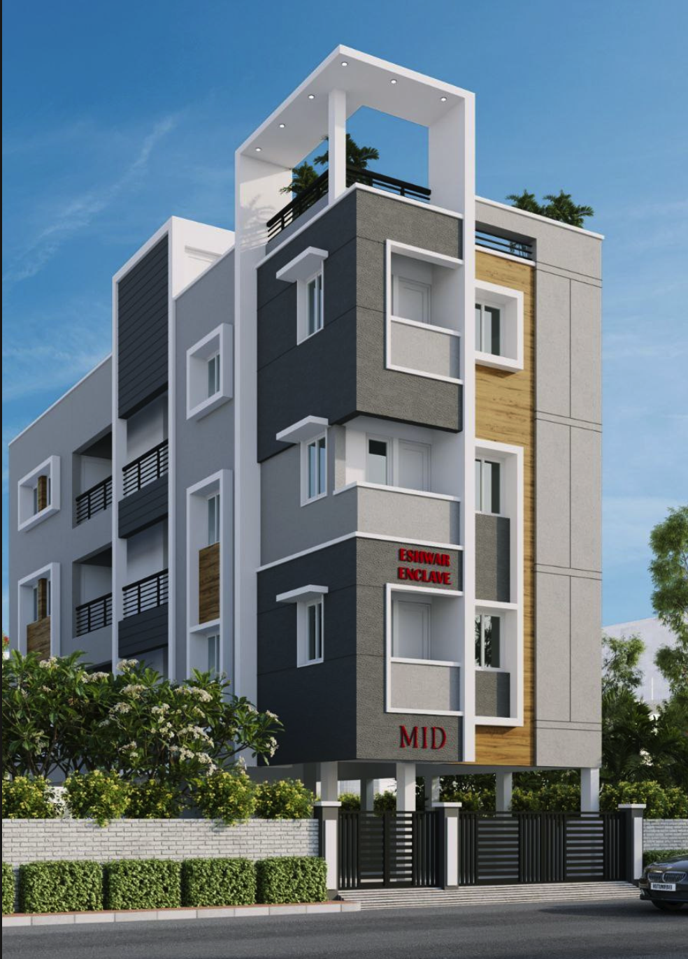 Eshwar Enclave by MID at Senthil Nagar — modern grey and wood facade
