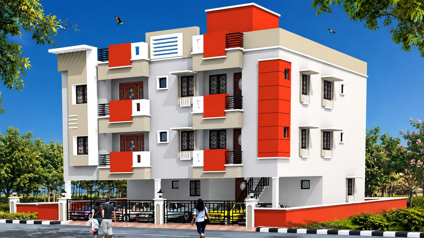 Completed MID residential building, red and white facade