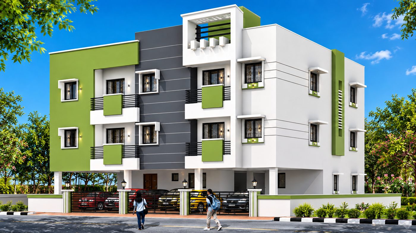 Completed MID residential building, green and white facade