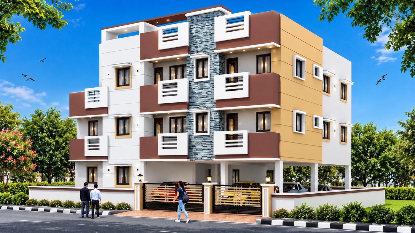 Completed MID residential building, stone-clad facade