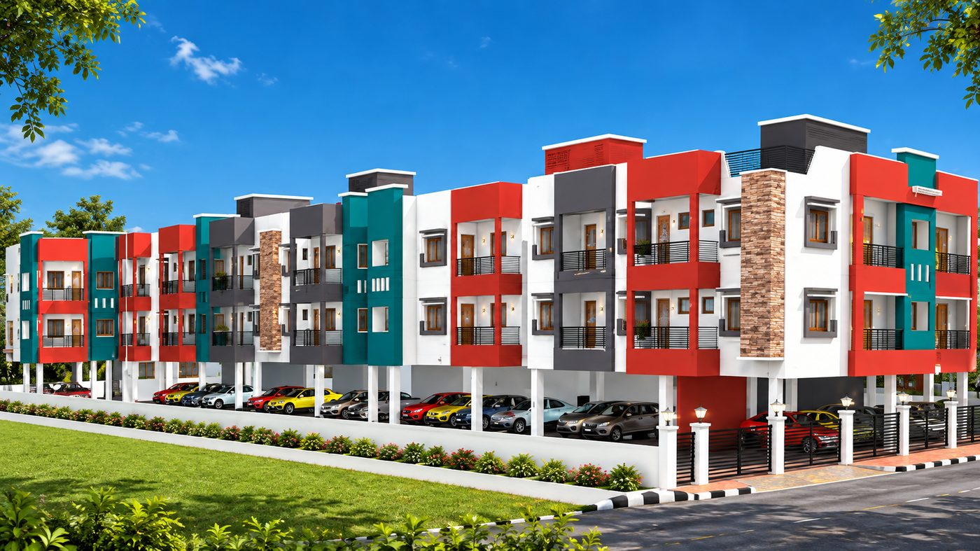 Completed MID apartment row, multicolour facade
