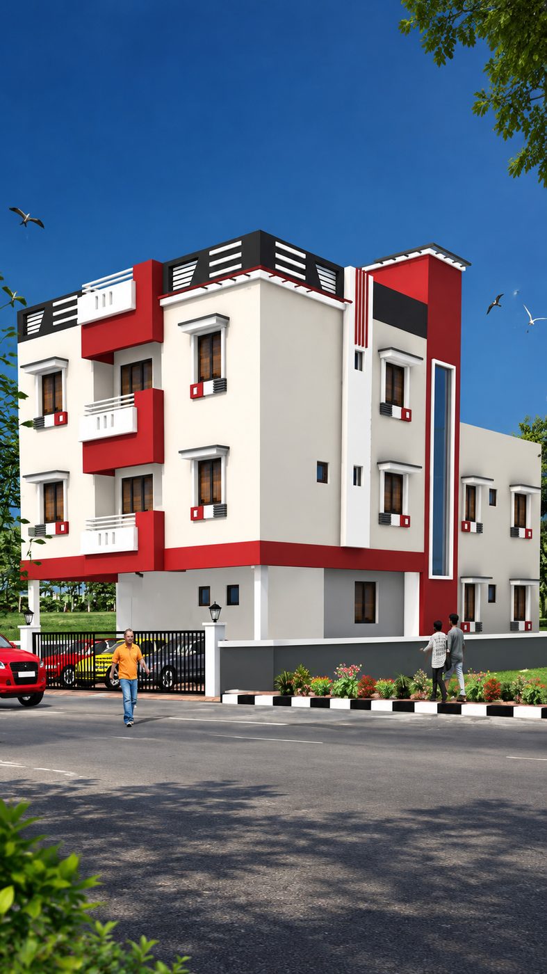 Completed MID residential building, cream and red facade