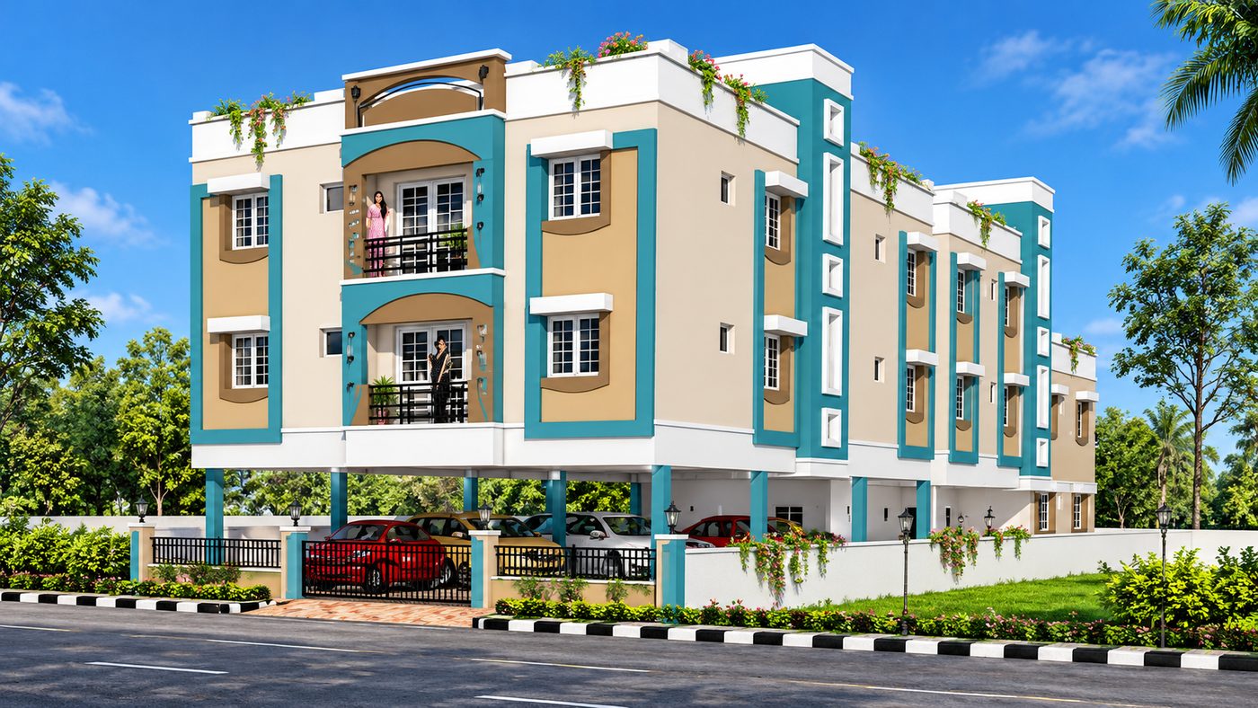 Completed MID residential building, teal and beige facade