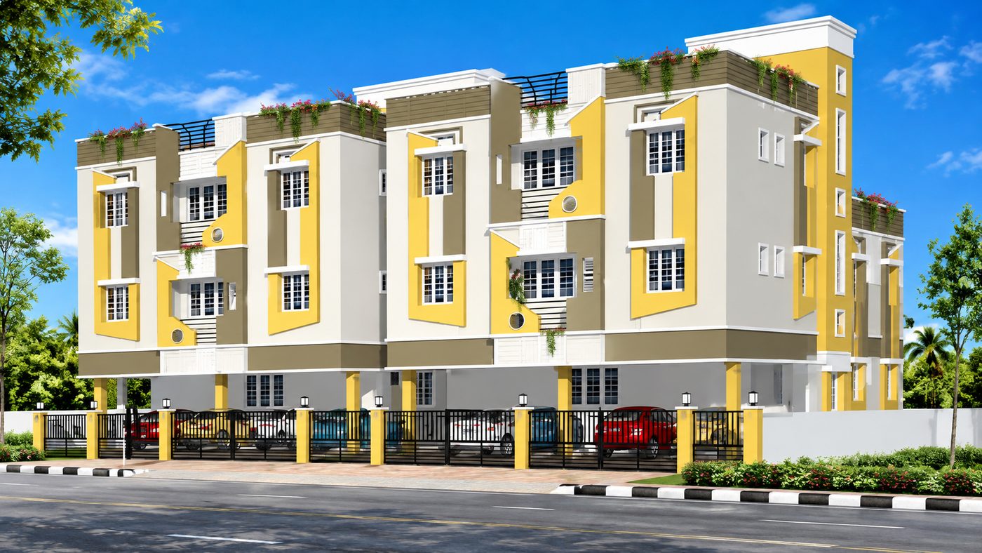Completed MID apartment row, yellow and white facade