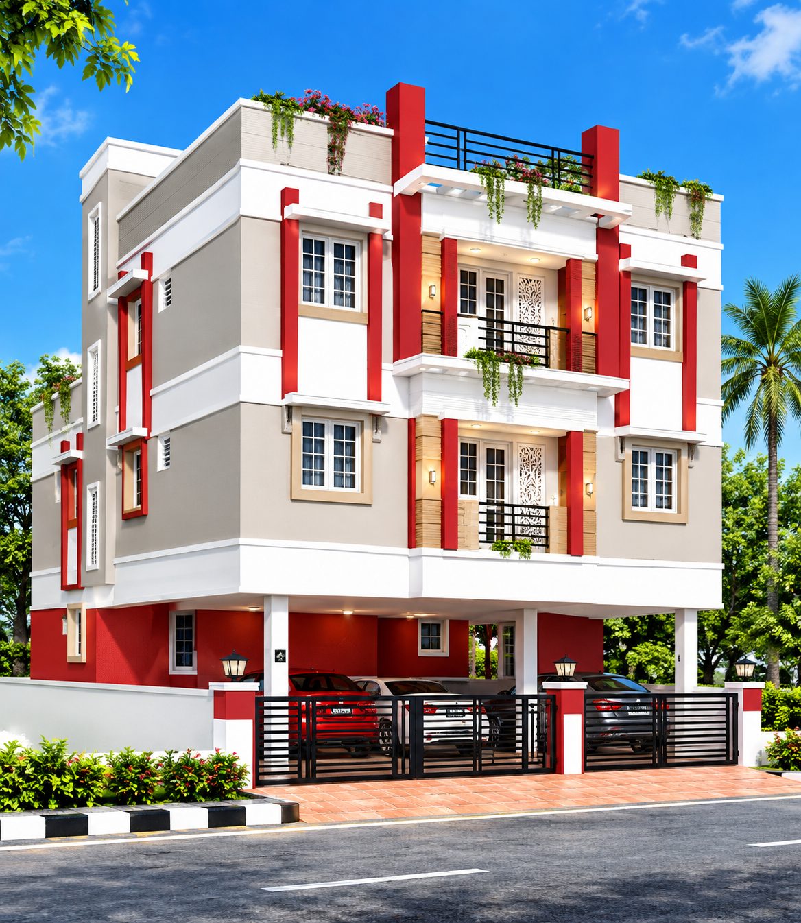 Completed MID residential building, red accent facade
