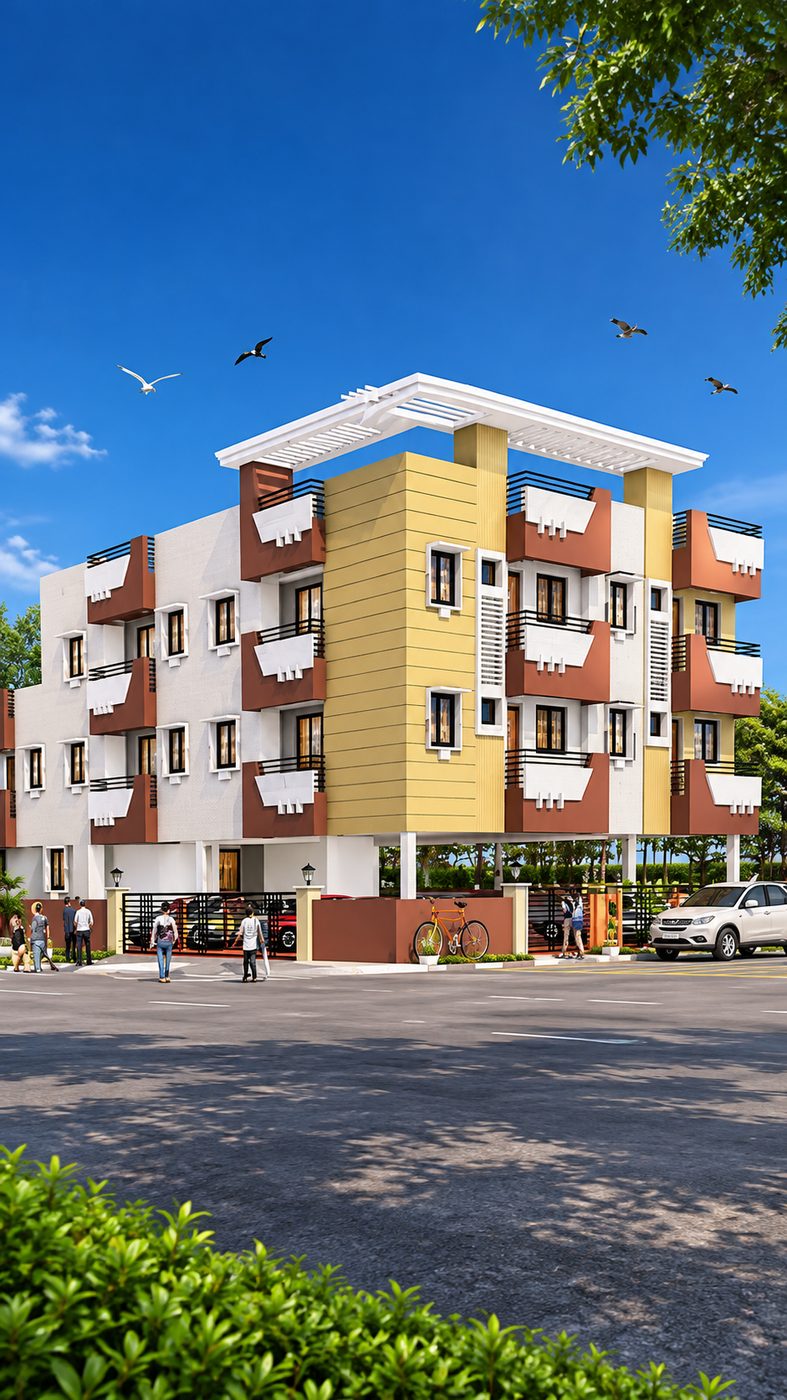 Completed MID residential building, blue and yellow facade