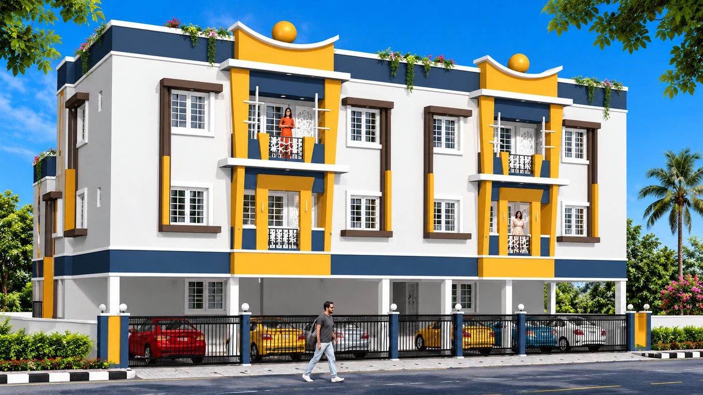 Completed MID residential building, orange and white facade